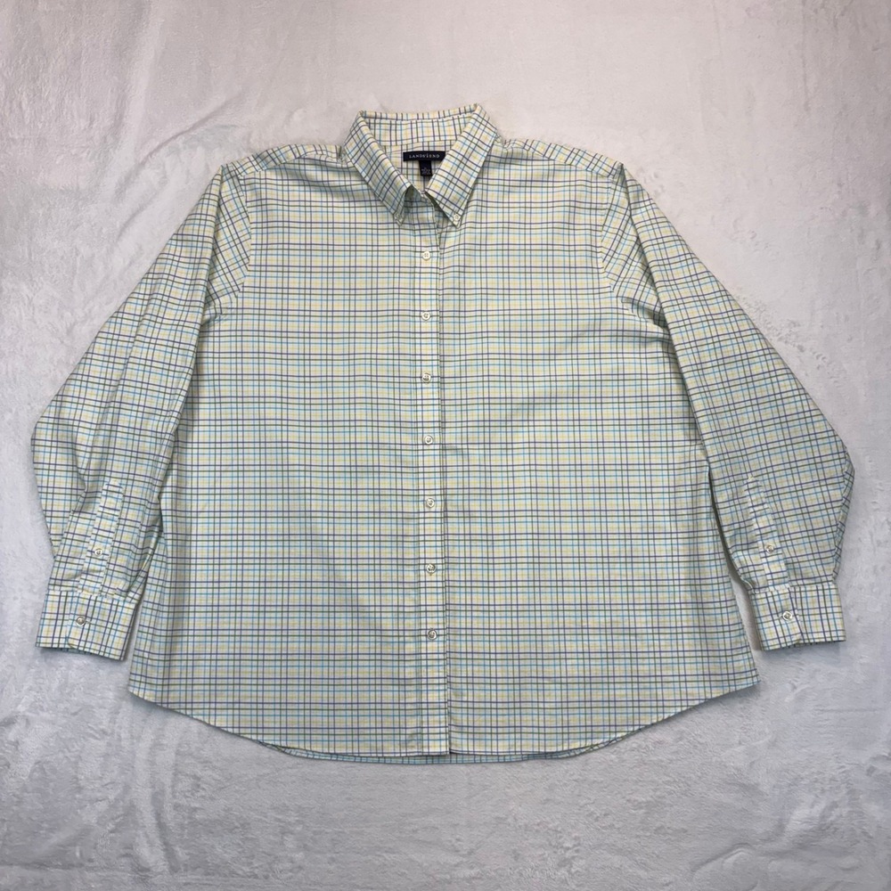 Lands End Womens 2X 20W-22W Plaid Button Down Shirt Blue Green Yellow Cotton